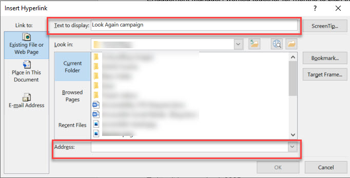 Insert Hyperlink dialog